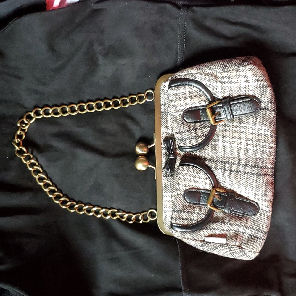 Plaid bow and buckle accent clutch